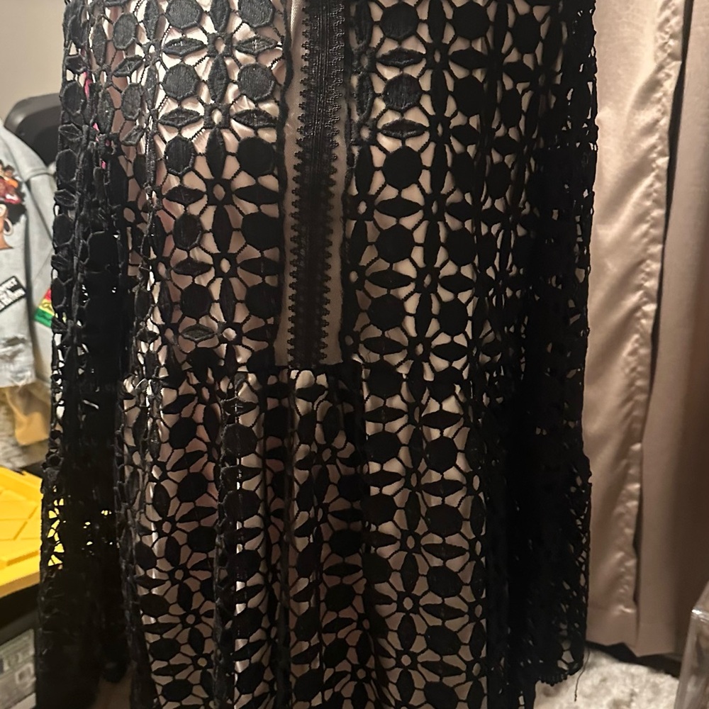 Elegant Black and Tan Cocktail Dress with Bishop Sleeves